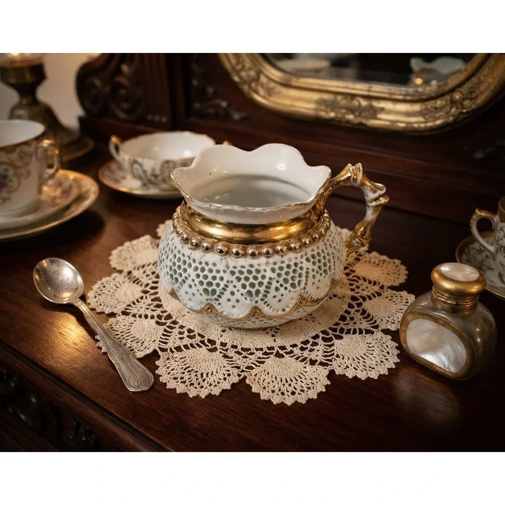 Antique German Bohemian Reticulated Porcelain Cup Gold Gilt Pierced 1890-1920